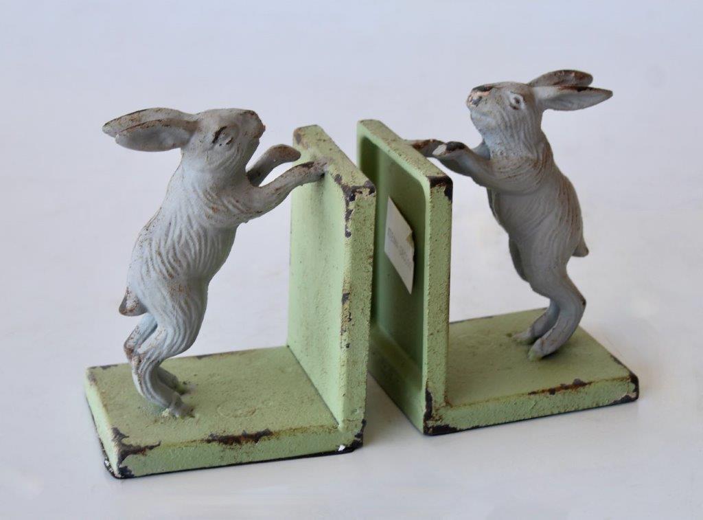 Pair Of Cast Iron Green & Grey Bunny Bookends